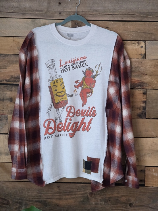 Trapos by Sonia Ruiz (upcycled) Tops - Upcycled Vintage Devil's Delight Graphic T-shirt With Plaid Long Sleeve